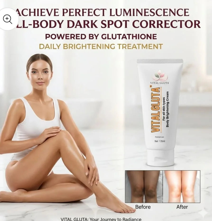 A promotional skincare image showing a woman seated on a light floor beside a tube of VITAL GLUTA LL-Body Dark Spot Corrector cream. Large text at the top reads 'Achieve Perfect Luminescence LL-Body Dark Spot Corrector Powered by Glutathione Daily Brightening Treatment,' with before-and-after inset photos of legs at the bottom right.