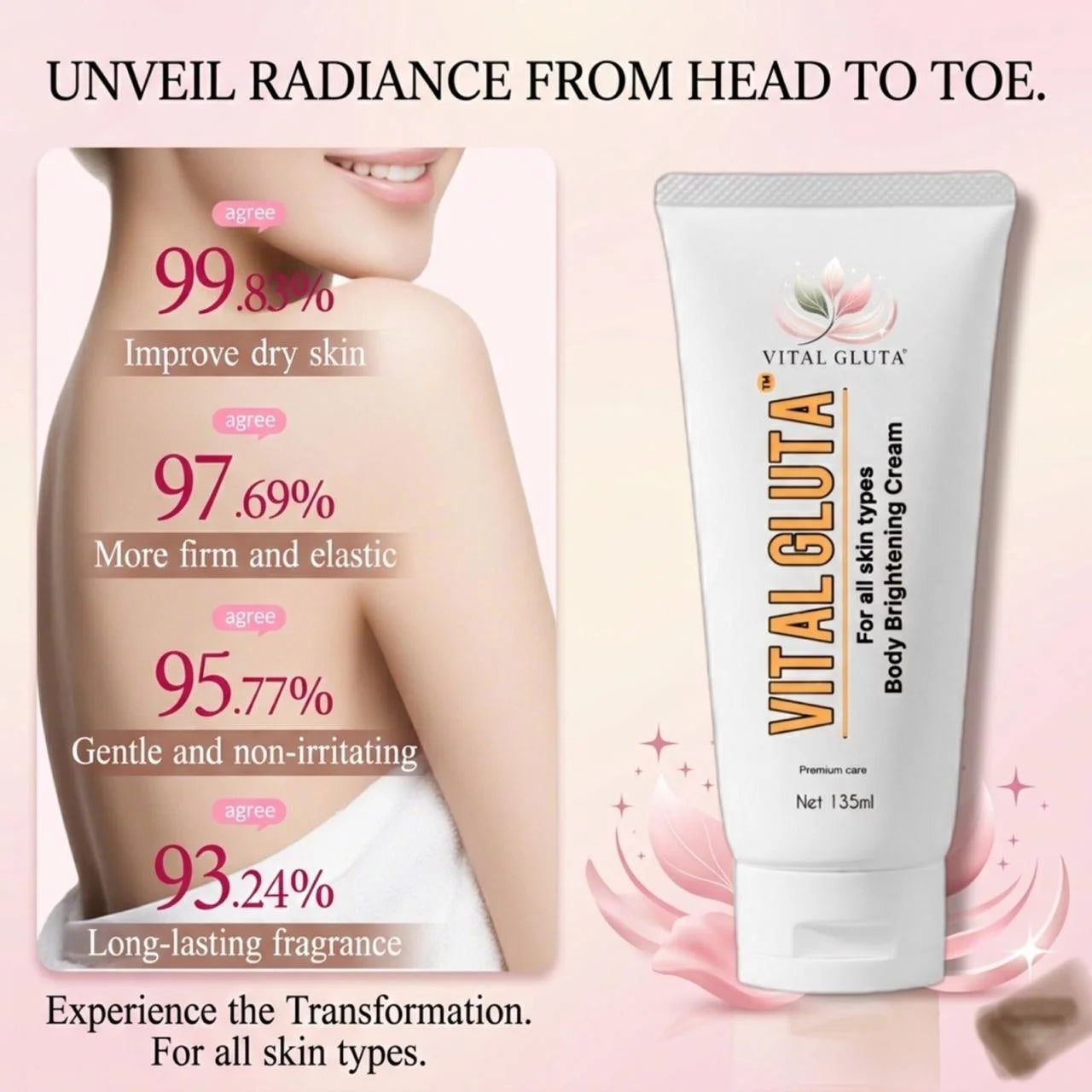Vital Gluta body cream tube with skin improvement percentages on a light pink background