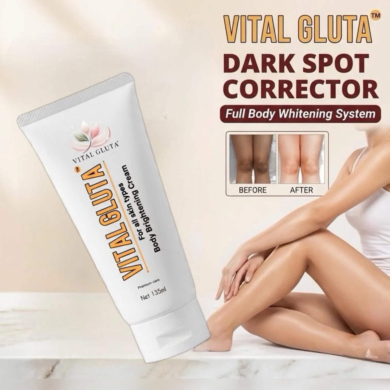 Vital Gluta dark spot corrector cream with a before and after image of legs on a beige background