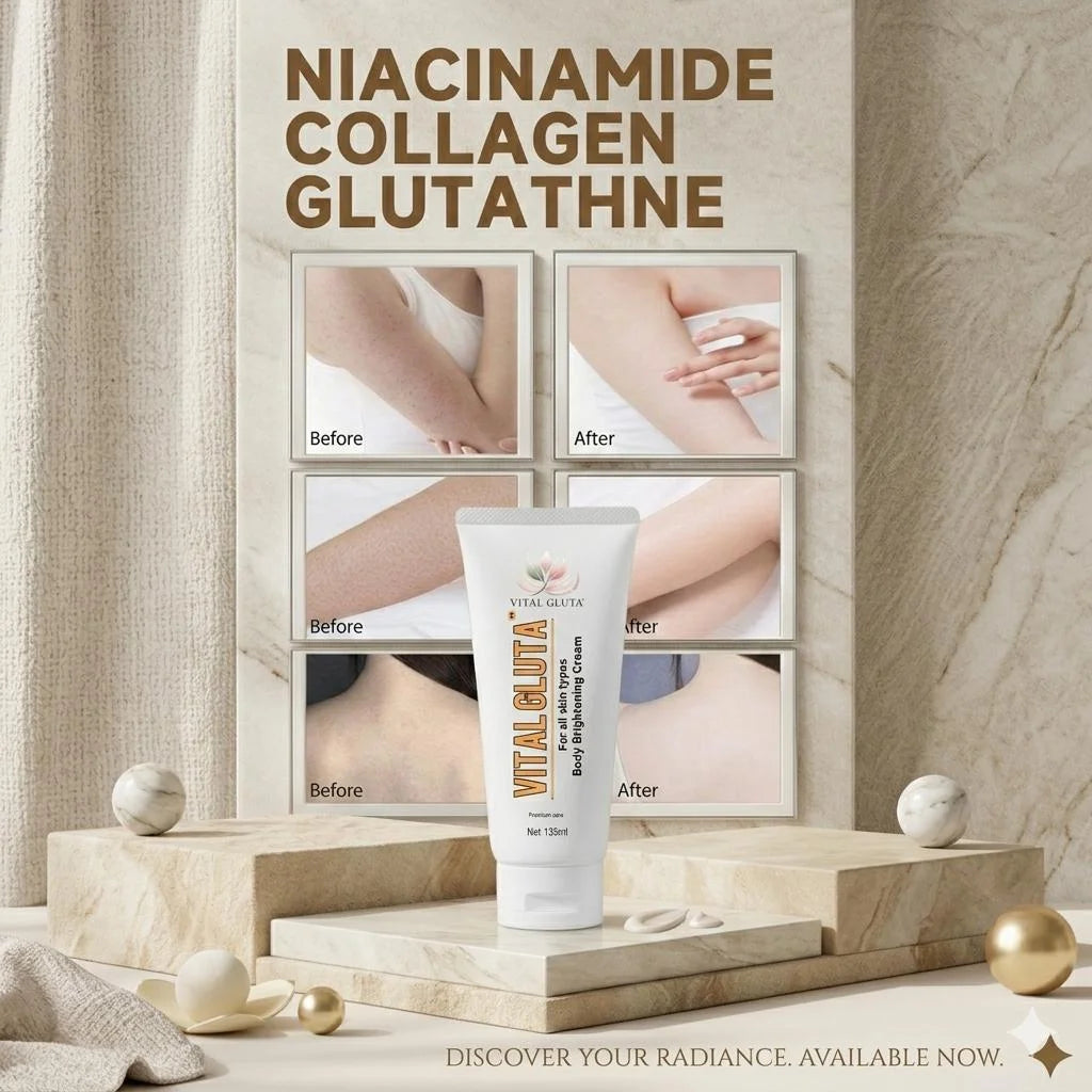 A skincare product tube labeled VITAL GLUTA stands on a beige stone pedestal in a styled indoor setting with draped fabric, marble-like panels, and before/after skin-result photos behind it. Large text at the top reads 'NIACINAMIDE COLLAGEN GLUTATHINE' and smaller text at the bottom says 'DISCOVER YOUR RADIANCE, AVAILABLE NOW.