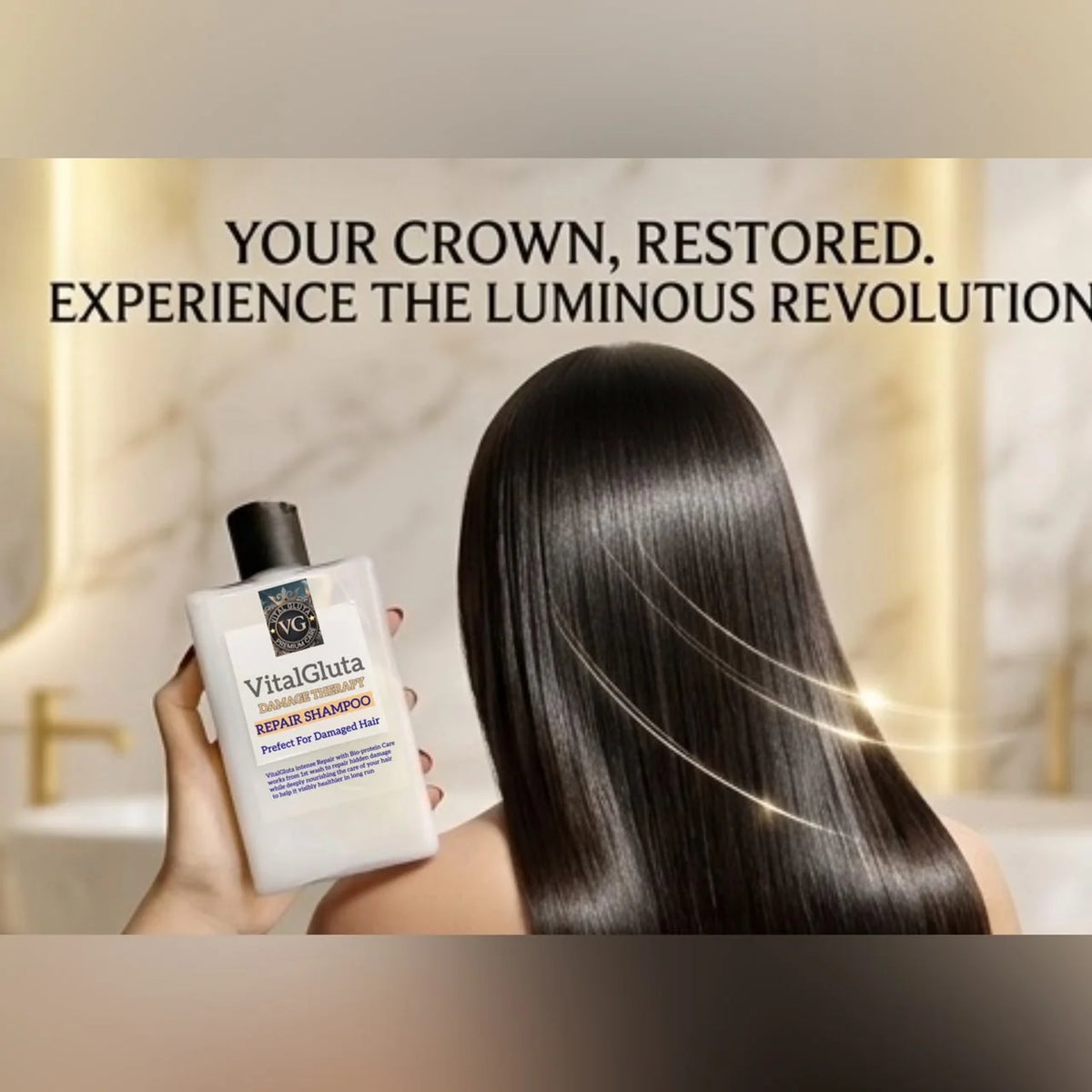  VitalGluta Repair Shampoo featuring a person with sleek, jet-black hair that has a luminous, reflective shine. They are holding a white bottle of the shampoo, which is labeled "Perfect For Damaged Hair," against a soft-focus marble and gold background. Text on the right reads