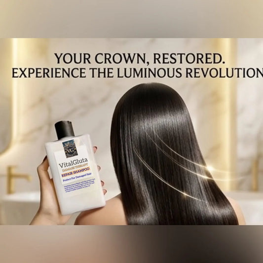  VitalGluta Repair Shampoo featuring a person with sleek, jet-black hair that has a luminous, reflective shine. They are holding a white bottle of the shampoo, which is labeled "Perfect For Damaged Hair," against a soft-focus marble and gold background. Text on the right reads