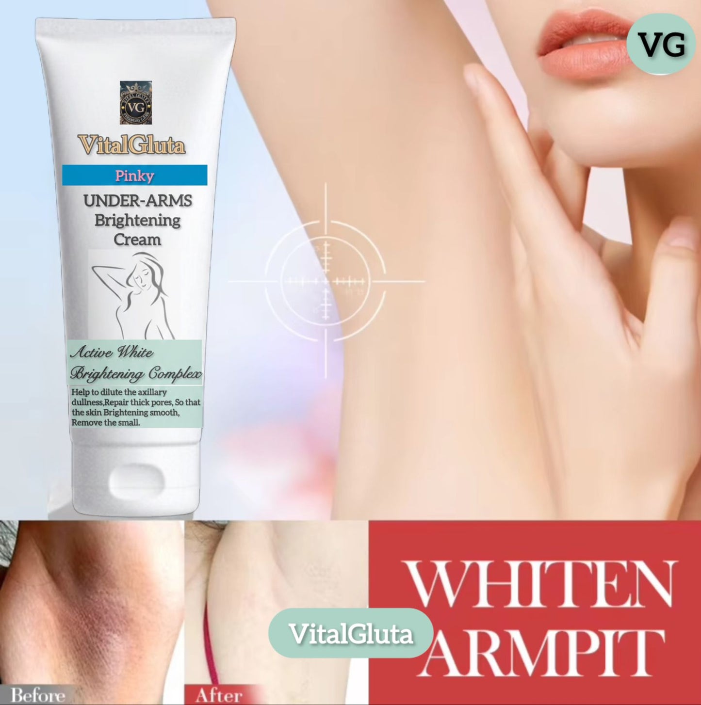 VitalGluta Under-Arms Brightening Cream packaging with before and after effects on armpit skin.