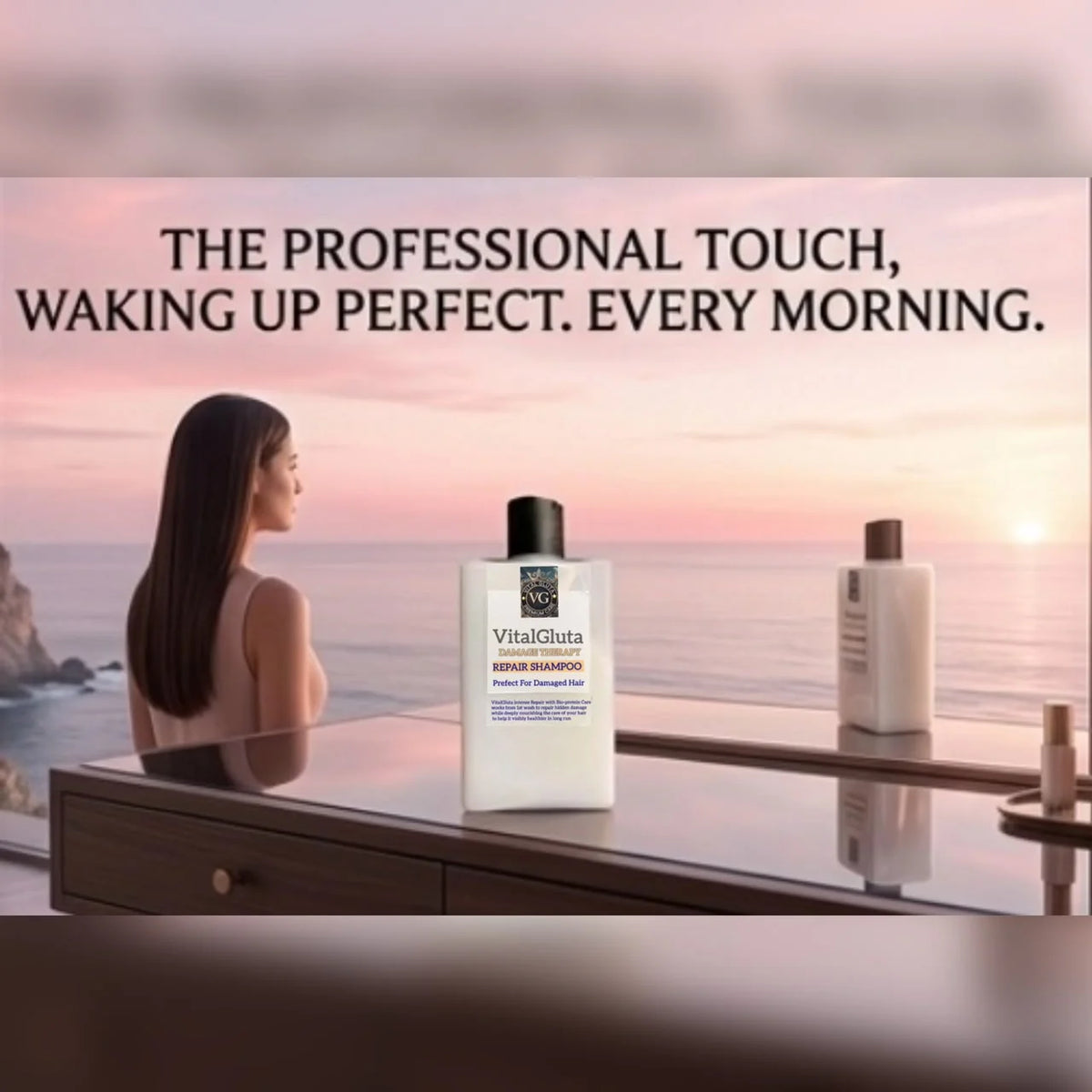 VitalGluta Damage Therapy Repair Shampoo featuring a white bottle with blue and black text set against a calm coastal background.