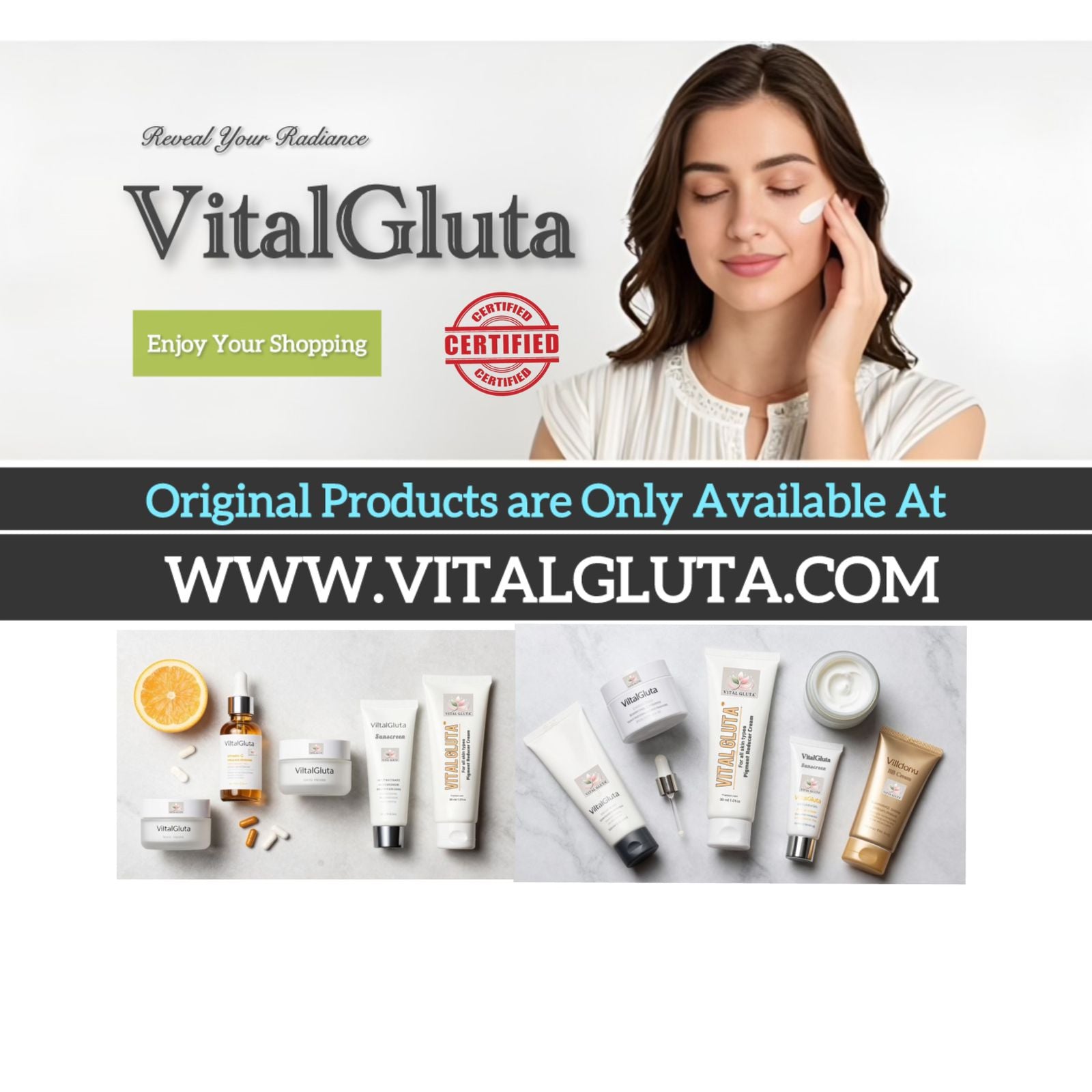 Advertisement for VitalGluta skin care products with a woman applying cream and product display.