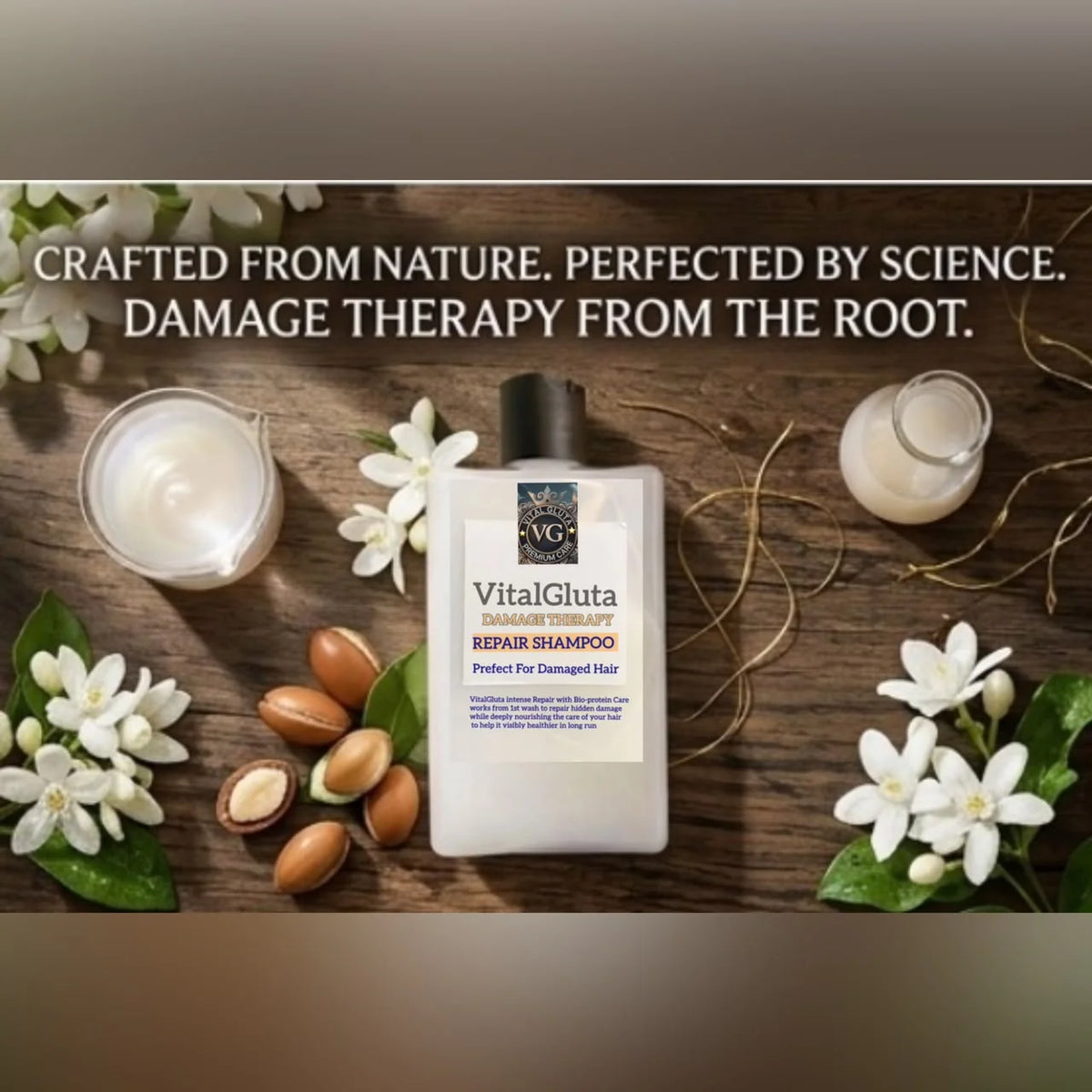 bottal of vitalgluta hair shampoo with flowers with text