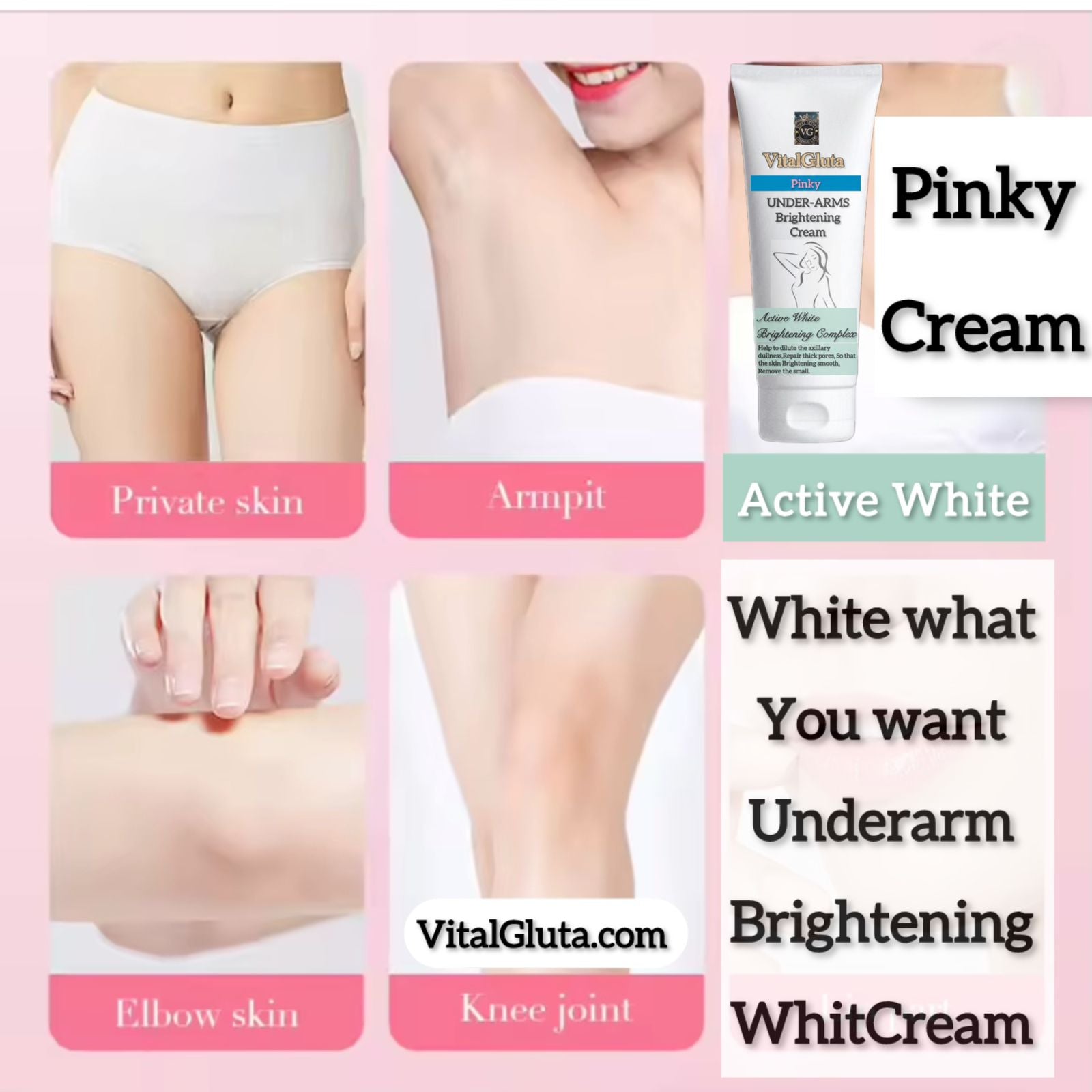 Advertisement for VitalGluta whitening cream showing before-and-after effects on various body parts.