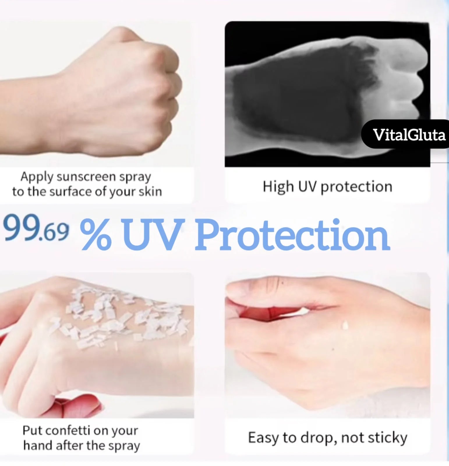 99%UVA UVB Protection SPF 50 Plus sun rays protectionVitalGluta sunscreen